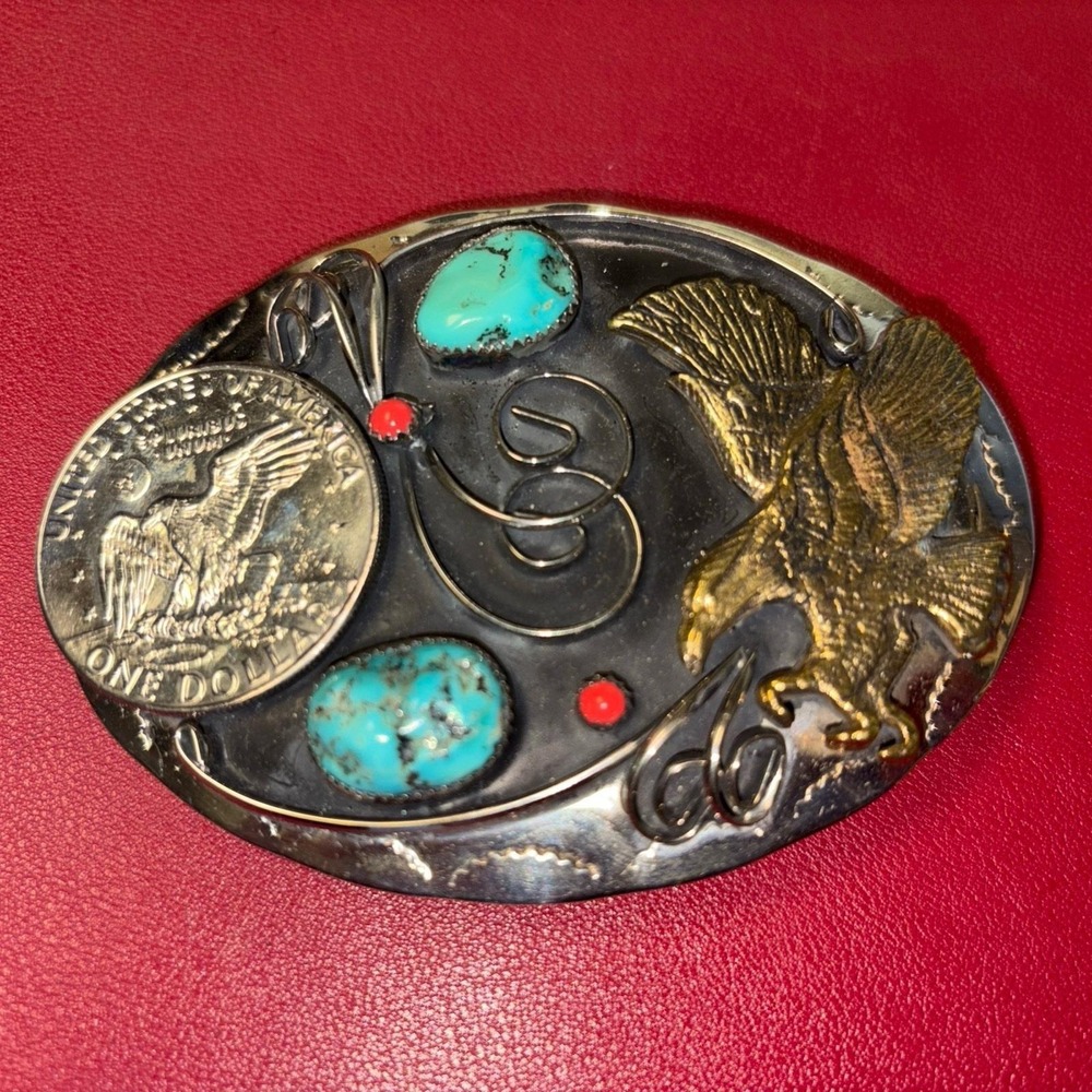 Large Turquoise and Coral Eagle Authentic $1 Coin Southwestern Style Belt Buckle